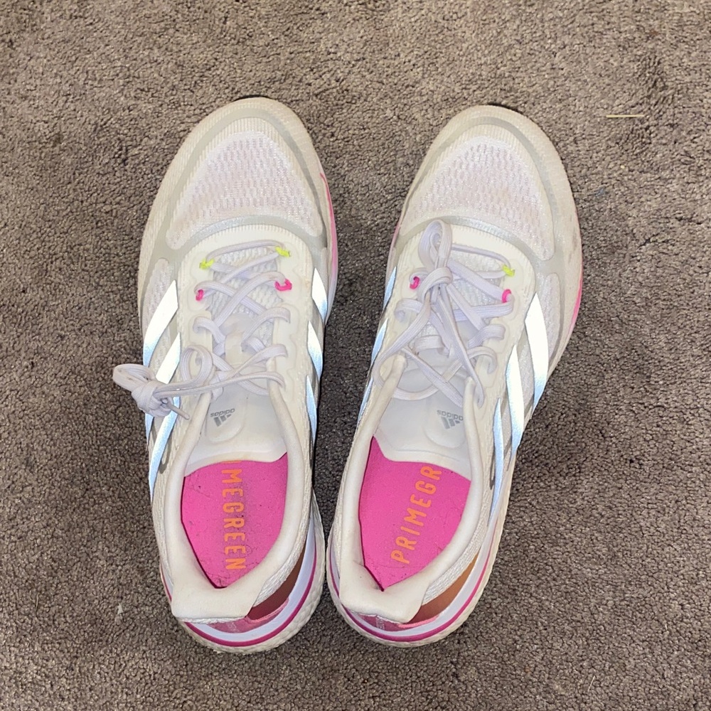 Adidas Women's White and Pink Primegreen Sneakers